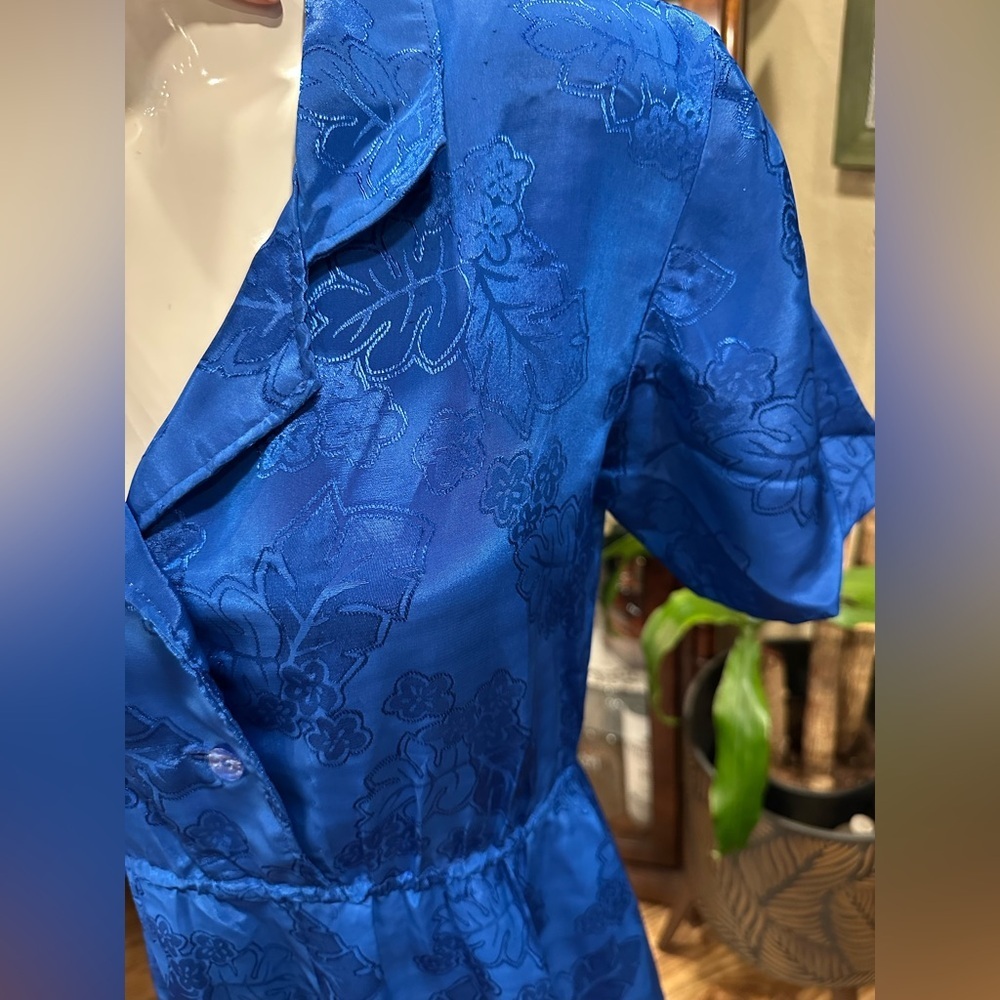 Vintage 80s Royal Blue Floral Jacquard Midi Dress Short Sleeve Retro Minimalist - Picture 5 of 9